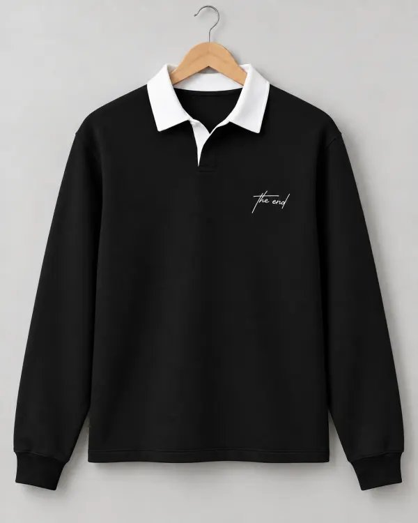 Kontrast Yaka Polo Sweatshirt - Siyah