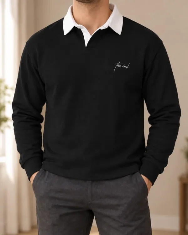Kontrast Yaka Polo Sweatshirt - Siyah