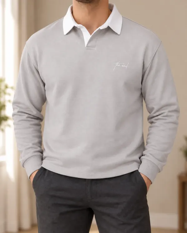 Kontrast Yaka Polo Sweatshirt - Taş
