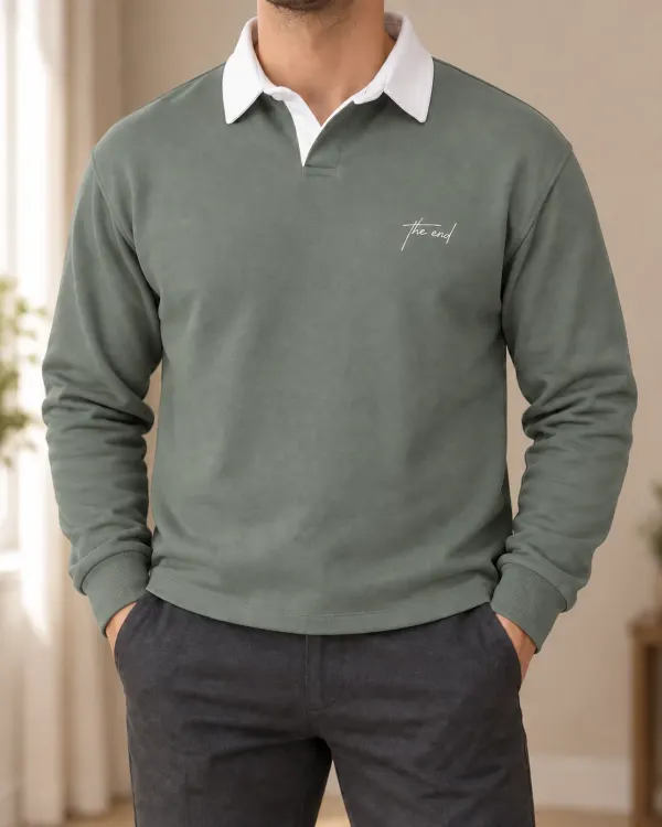 Kontrast Yaka Polo Sweatshirt - Yeşil