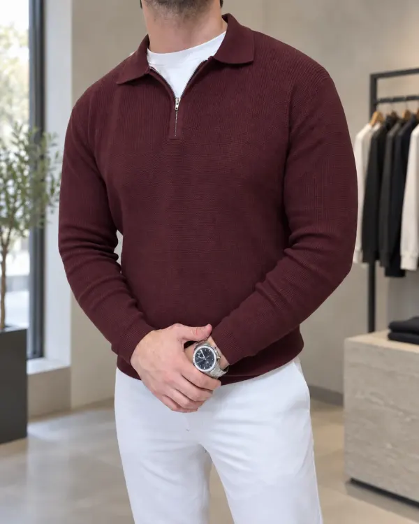 Polo Yaka Yarım Fermuarlı Triko - Bordo