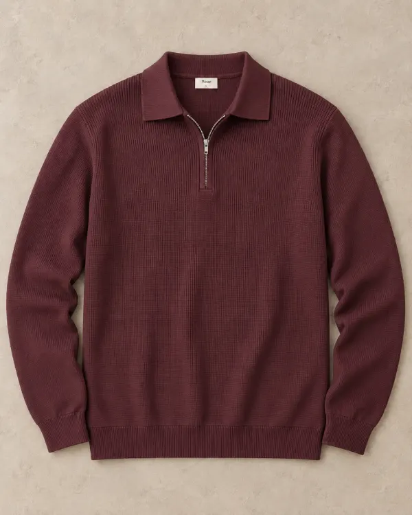 Polo Yaka Yarım Fermuarlı Triko - Bordo
