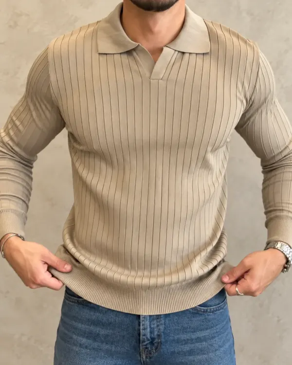 Çizgili Polo Yaka Kazak - Açık Bej