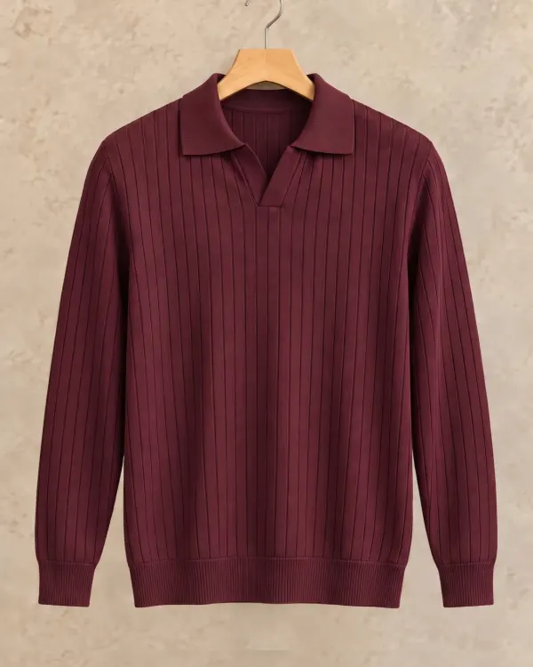 Çizgili Polo Yaka Kazak - Bordo