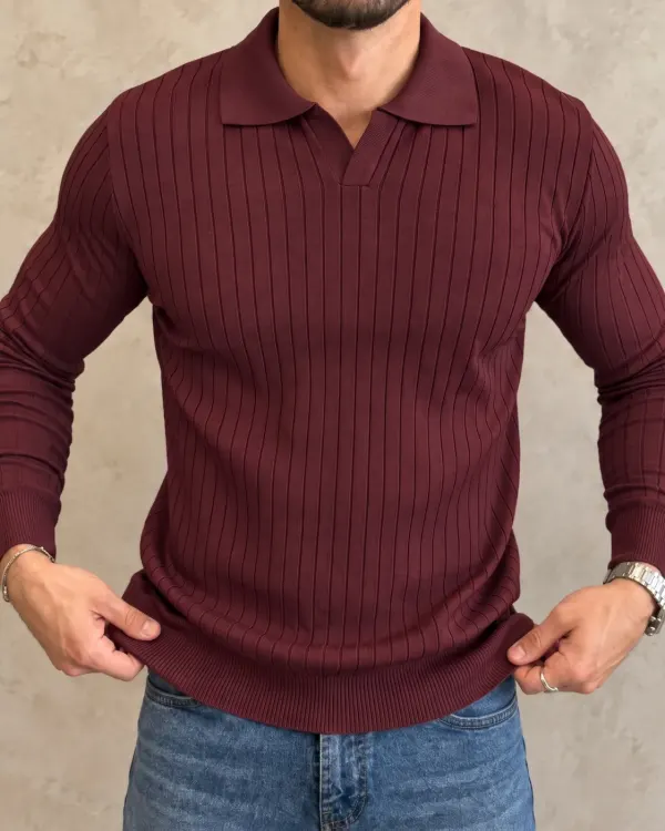 Çizgili Polo Yaka Kazak - Bordo