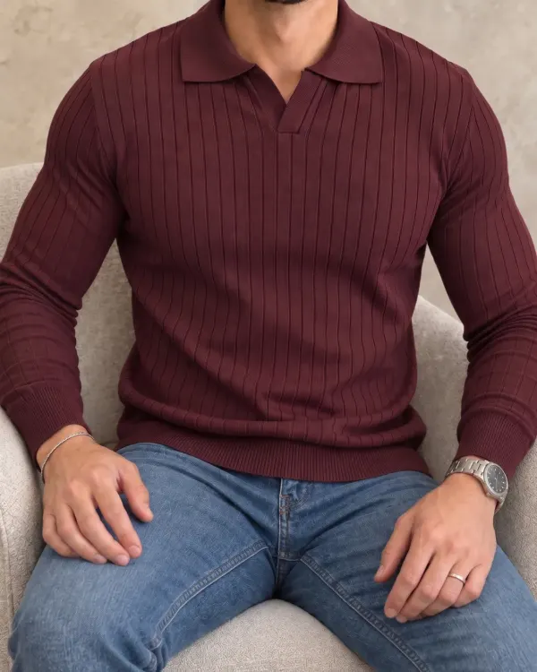 Çizgili Polo Yaka Kazak - Bordo