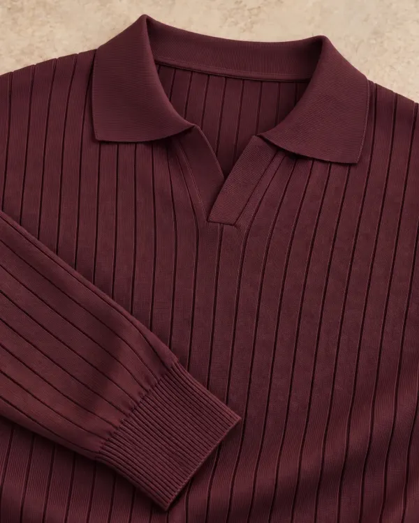 Çizgili Polo Yaka Kazak - Bordo