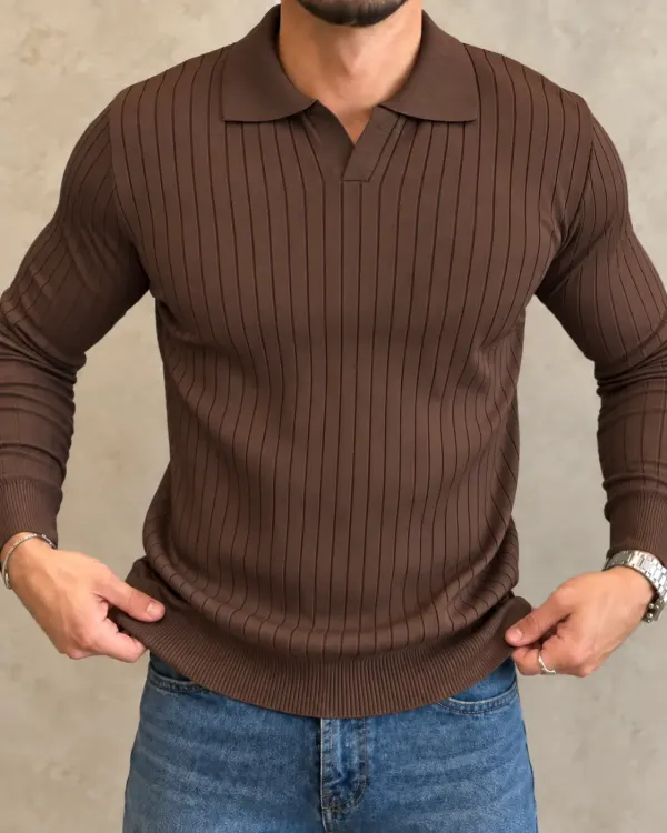 Çizgili Polo Yaka Kazak - Kahverengi